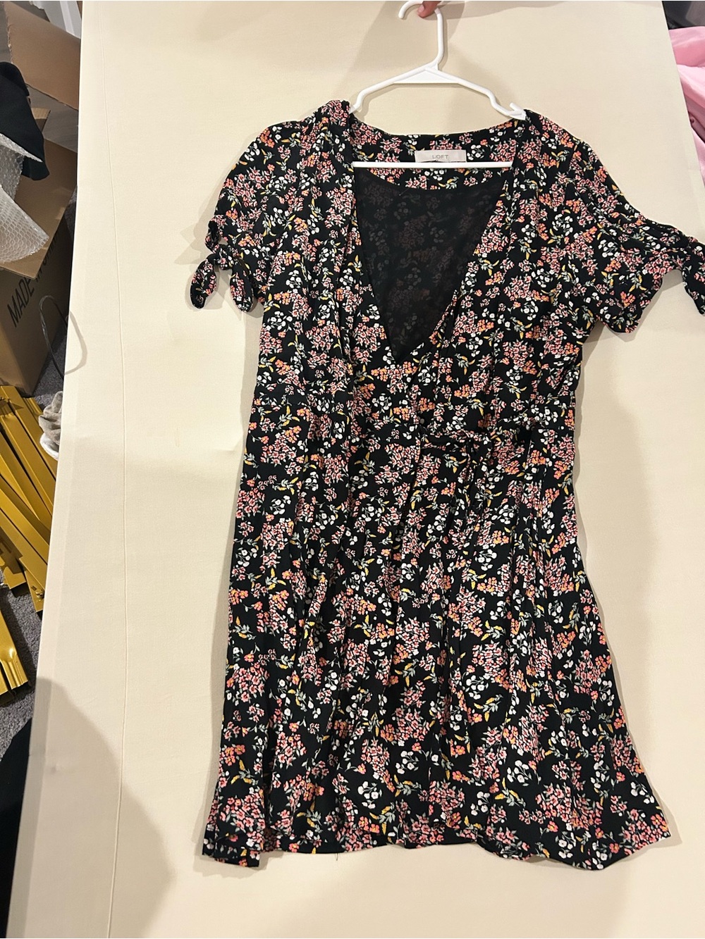 LOFT Black Floral Dress with Pink and Yellow Blossoms